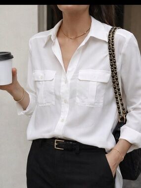 Ports 1961 White Button Down Shirt Size 8 Silk Feel Minimalist Designer Blouse